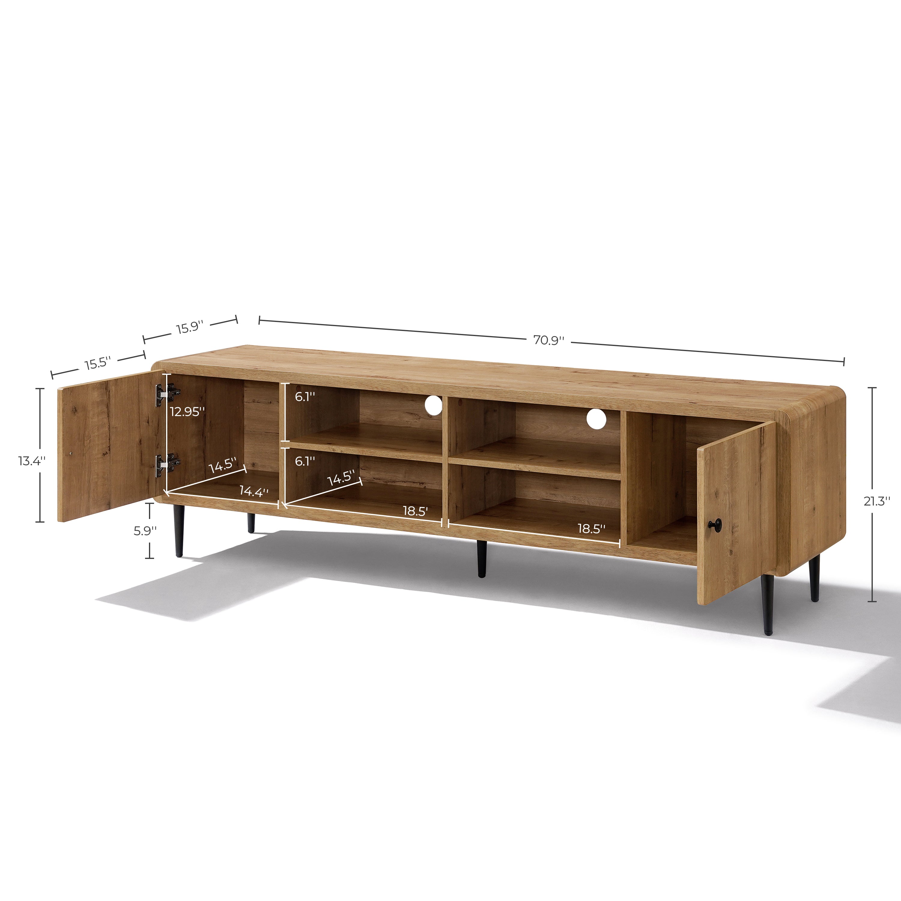 Stylish wood TV stand each section’s dimensions are clearly labeled in inches above and within the unit.