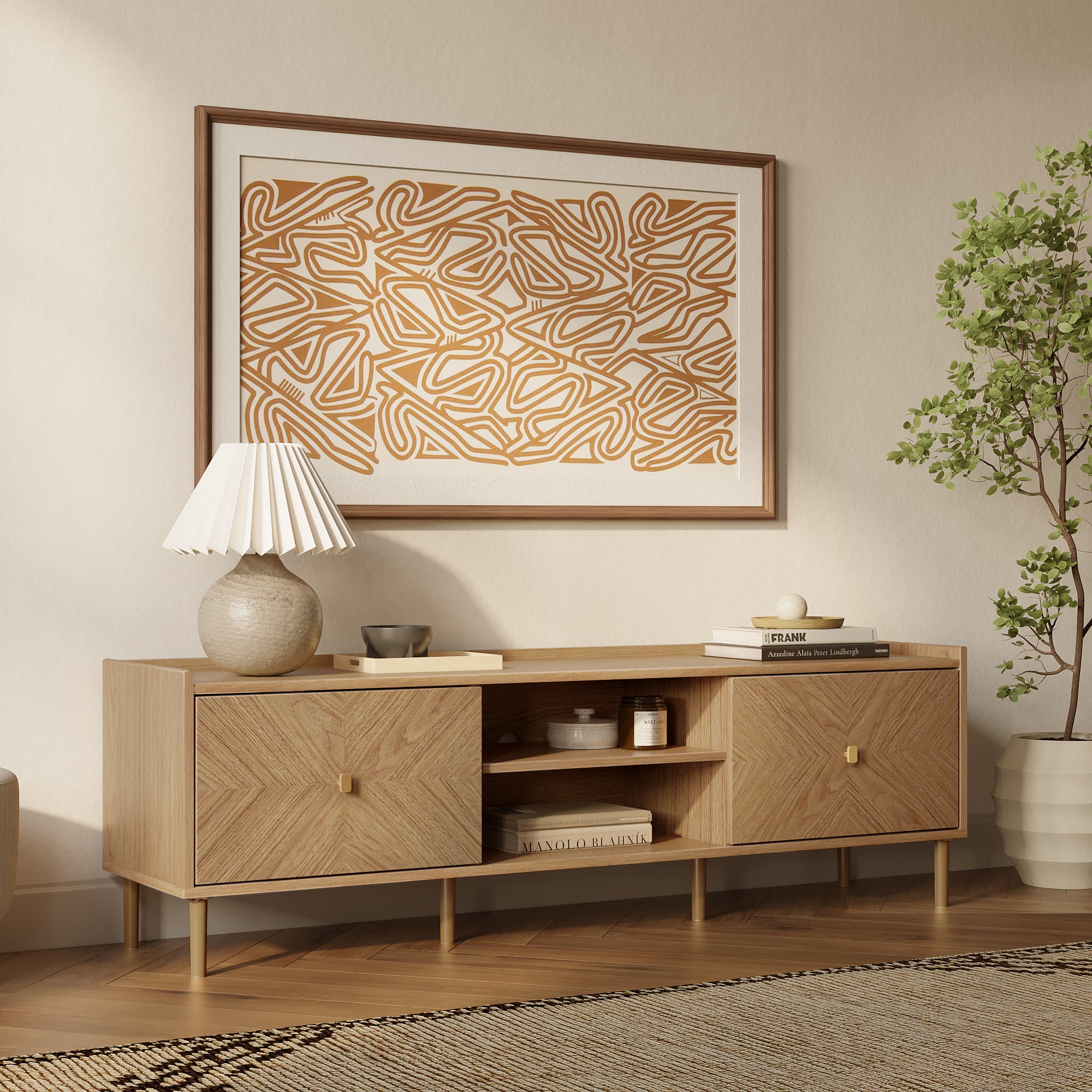 Modern wooden sideboard perfect as living room furniture, sits below abstract wall art.