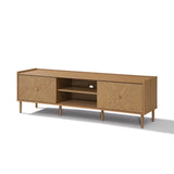 Wooden TV stand featuring two closed cabinets on each side, two open shelves in the center and six legs.