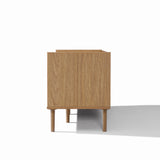 Side view of a wooden cabinet with legs, perfect as living room furniture or a TV stand with storage.