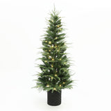 5ft artificial tree features white lights, comes in striking black patterned pot, against plain white background.