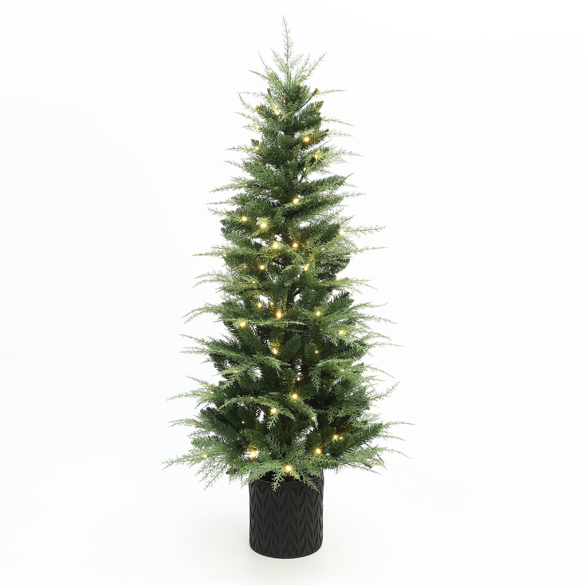 5ft artificial tree features white lights, comes in striking black patterned pot, against plain white background.