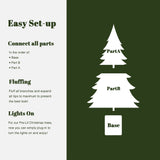 Illustration step-by-step assembly of 5ft pre-lit tree: connect base, Part B, then Part A. Instructions for fluffing branches, plugging in lights.
