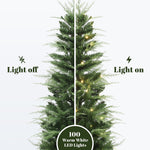 Artificial tree split vertically shows lights off on the left ,warm white led lights on the right.