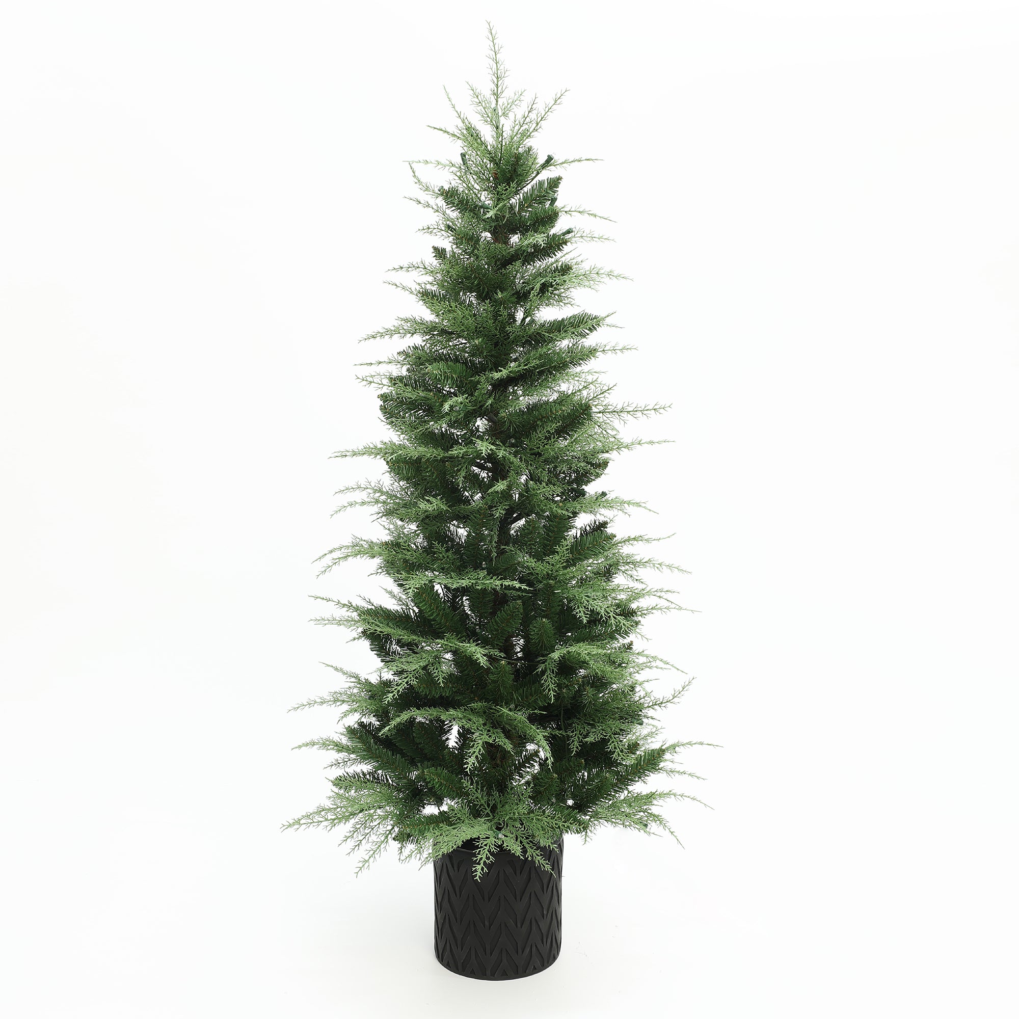 5ft artificial christmas tree with sparse branches,dusting of artificial snow, placed in black pot against white background.