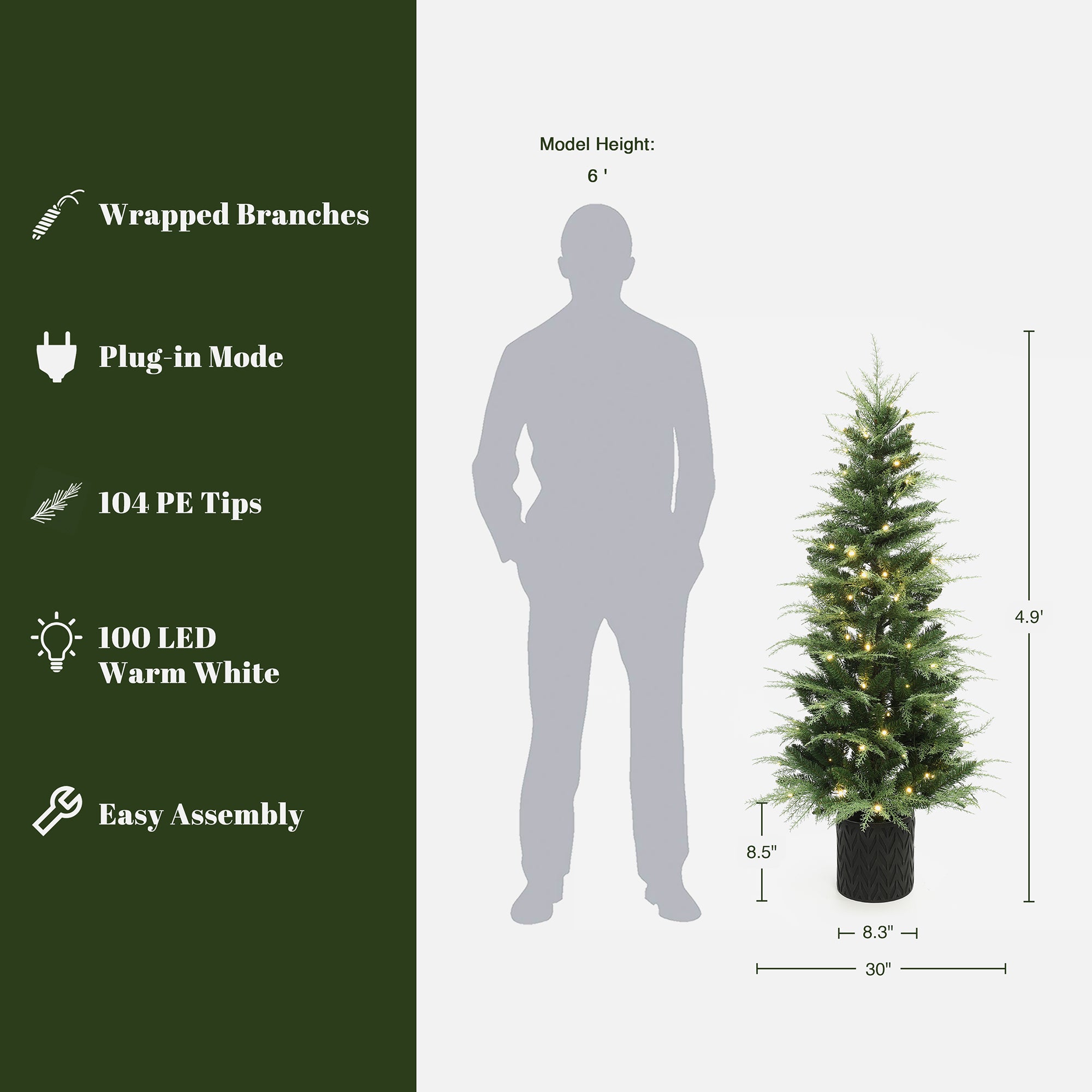Pre-lit christmas tree with lights, 104 pe tips, wrapped branches, plug-in mode, easy assembly, 4.9 ft H, pot dia 8.3''. Show beside 6 ft person silhouette.