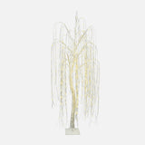 Decor artificial willow tree with cascading branches, warm white led lights, standing on square base against plain background.