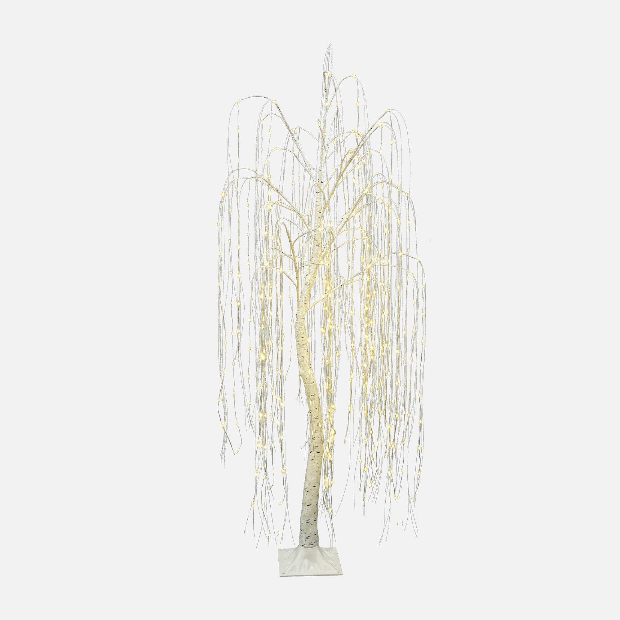 Decor artificial willow tree with cascading branches, warm white led lights, standing on square base against plain background.