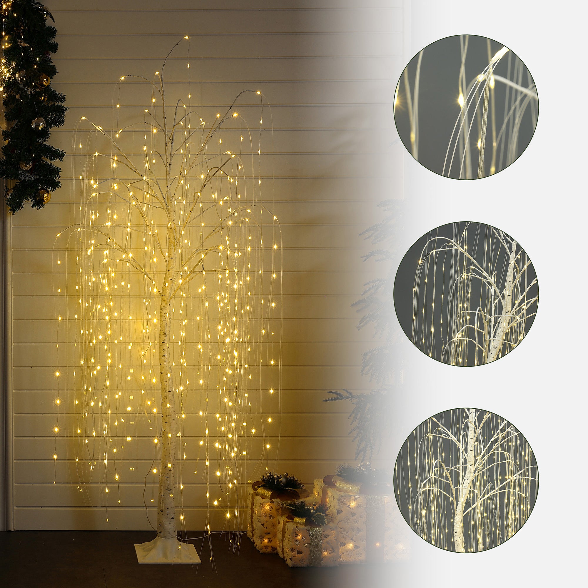 Artificial willow tree with cascading warm yellow string lights, close-up insets the lights,branches on the right.