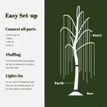 Illustrating the easy setup of pre-lit tree, labeling parts as base, Part B, Part A, with steps for assembly, fluffing branches,plugging in built-in lights.