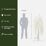 Specs for 6 ft pre-lit tree with 500 warm white led lights, PVC tips, wrapped branches, plug-in mode.Figure stands beside the tree for scale.