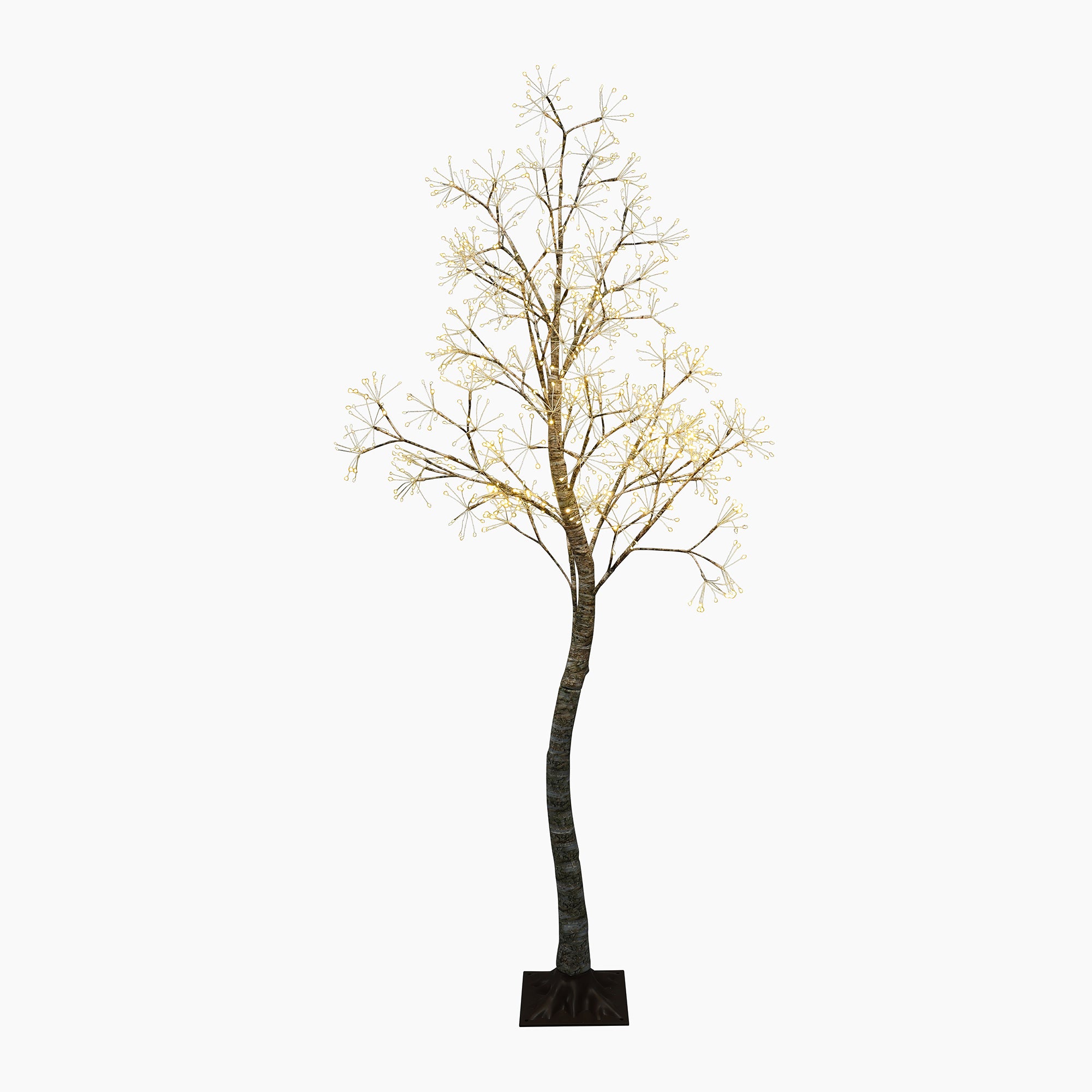 Birch artificial tree withslender, curved trunk, illuminated branches stands in square black base against white background.
