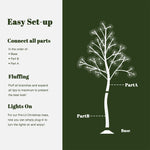 Showing assembly instructions for birch artificial tree, with labeled parts: Base, Part B, Part A, notes about fluffing branches, plugging in lights.