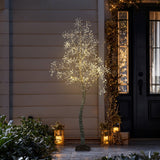 Decor birch artificial tree with glowing led lights stands by front door, surrounded by lanterns,plants at night.