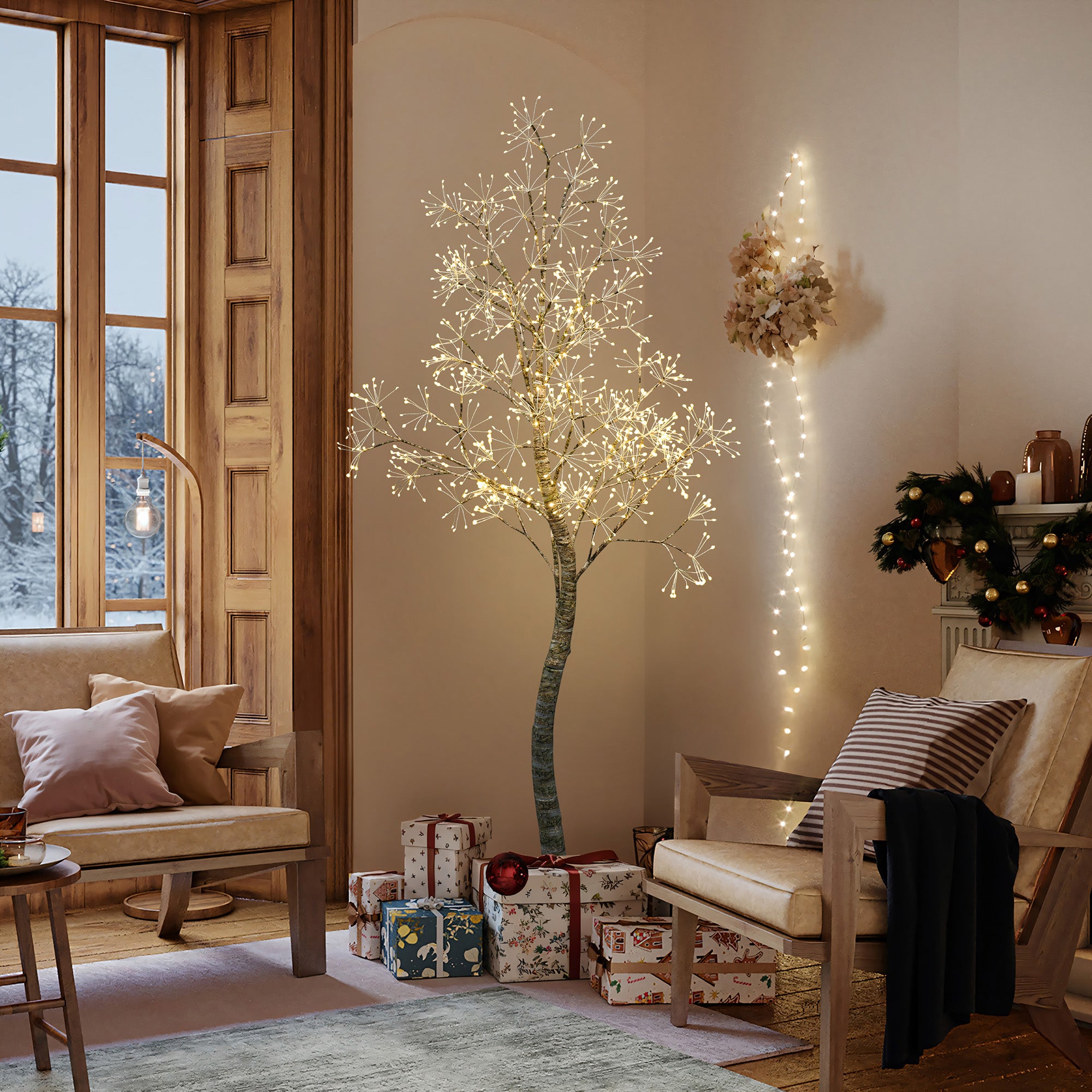 Cozy living room with birch tree glowing softly, wrapped gifts beneath, a chair with blanket. Snow is visible outside.