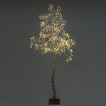 Birch artificial tree with slender trunk, branches, adorned with numerous small warm white led lights,  against dark background
