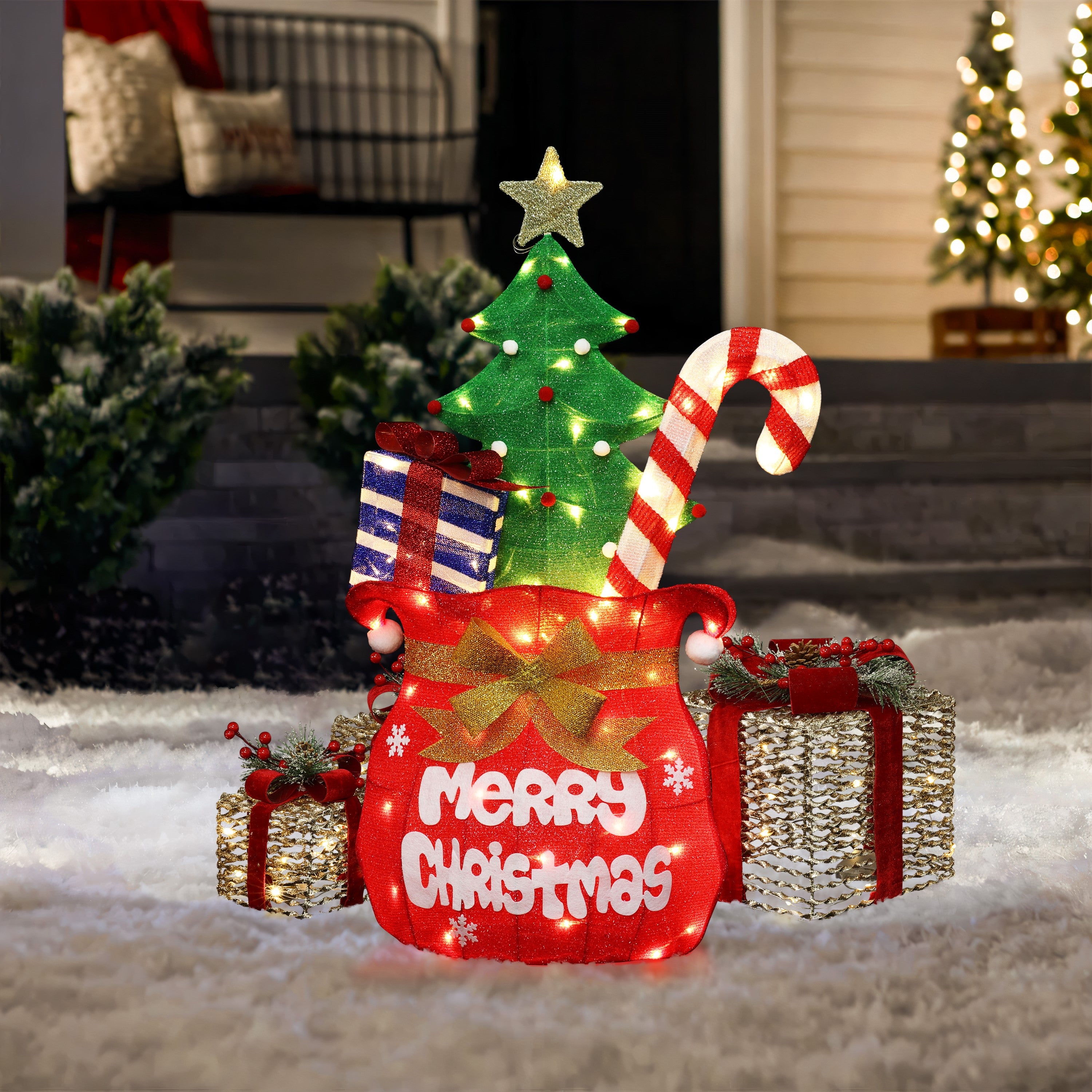 Light-up Christmas decor Santa’s Pack ,red bag labeled Merry Christmas,candy cane, presents.