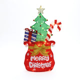 Featuring red sack labeled Merry Christmas in classic Santa’s Pack , green tree, gift box, candy cane, gold star on top with lights.