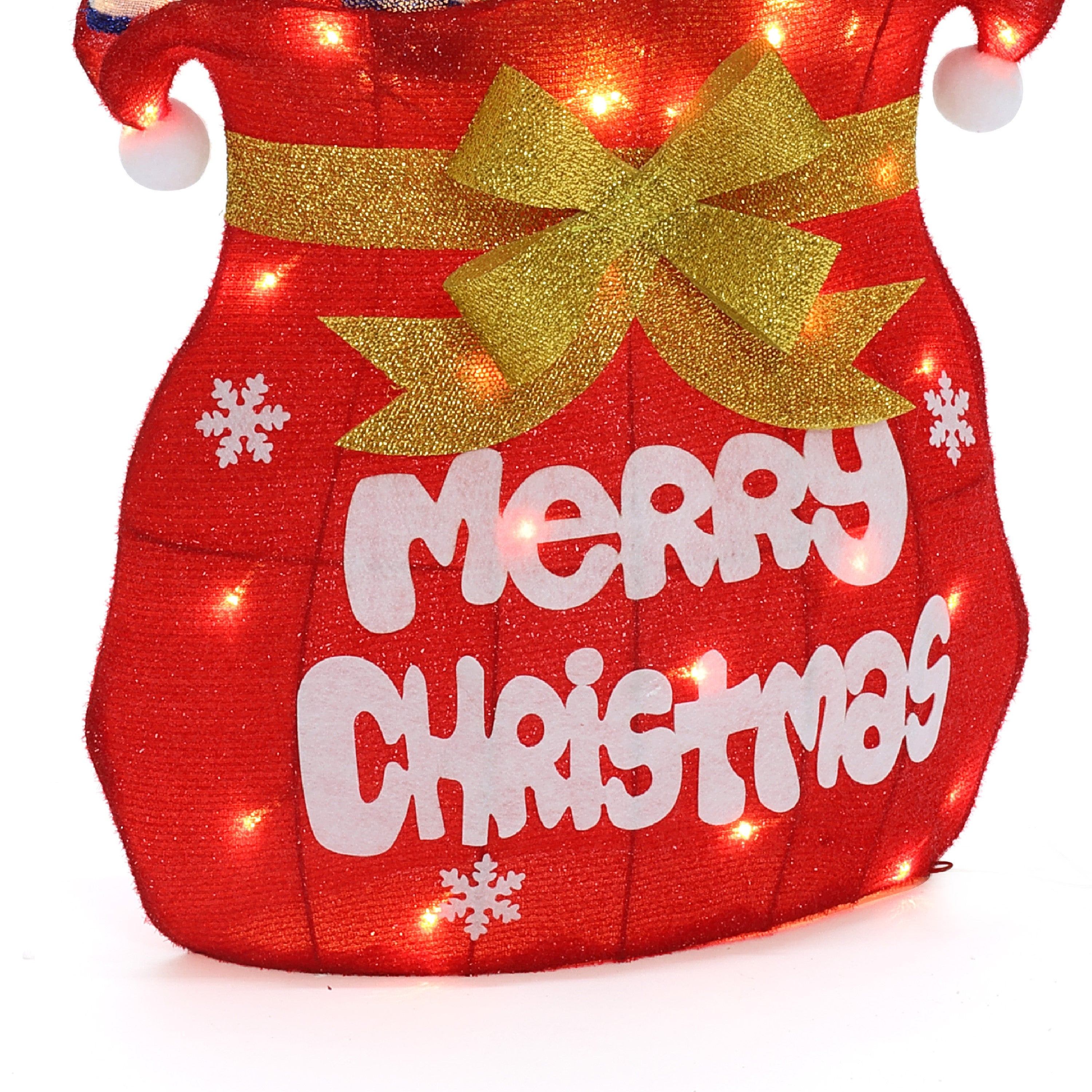 Red christmas sack decor, like Santa’s Pack , with white “Merry Christmas” , gold bow, snowflakes, small lights.