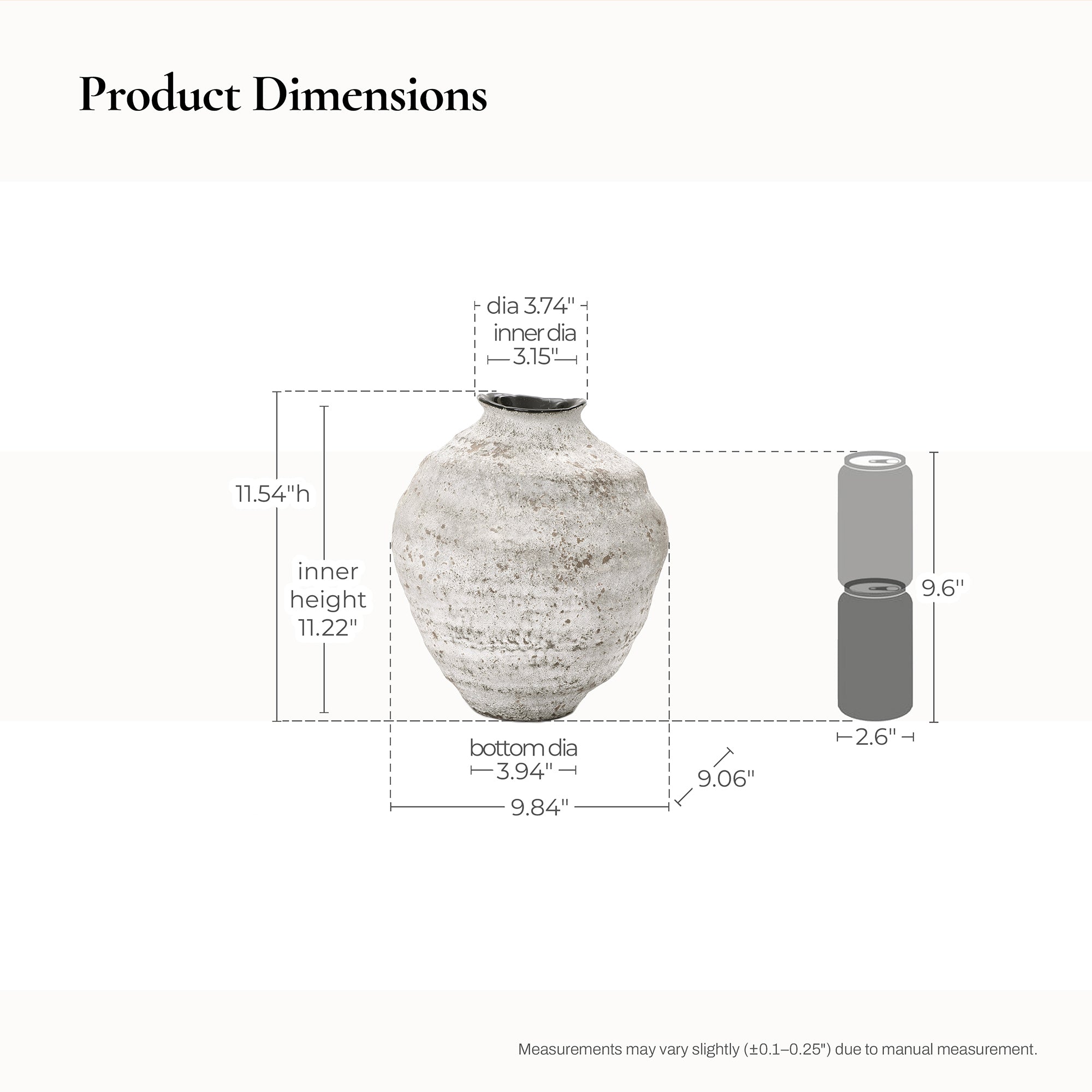 Featuring product size: 11.54" h, 9.06" w, 3.74" top dia, 3.94" bottom dia, and a 3.15" inner opening dia.