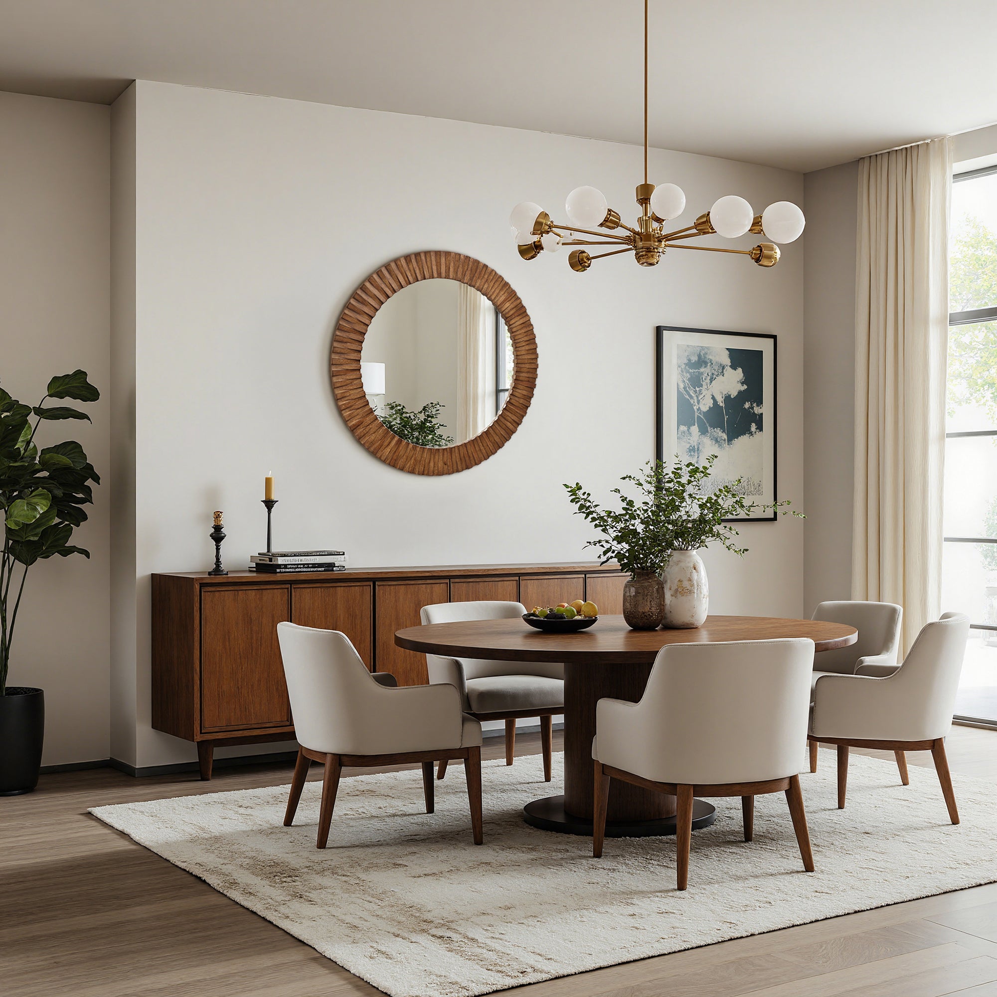 Modern dining room with a wooden table, white chairs, sideboard, oak wood frame round wall mirror, and a gold chandelier.