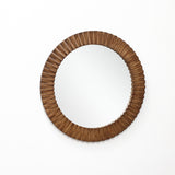 Round wall mirror with a wide, ridged oak wood frame, mounted on a plain white background.