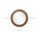 Round wall mirror with a textured oak wood frame, size are 29.13"h and wide, and 1.38" d.