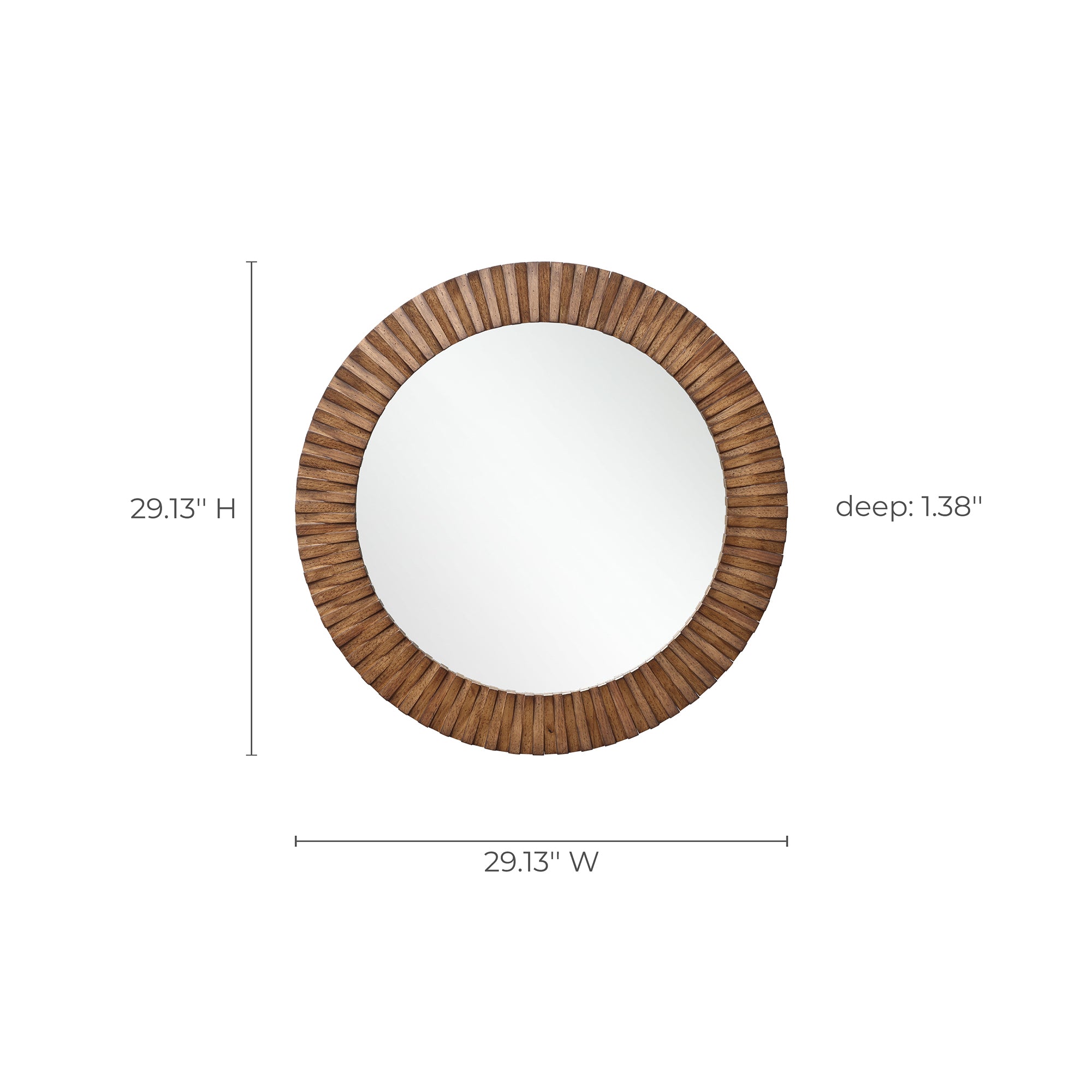 Round wall mirror with a textured oak wood frame, size are 29.13"h and wide, and 1.38" d.