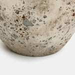 Close-up of the lower section of a Terracotta Vase with distressed, speckled surface in gray and brown tones, rustic farmhouse style on a white background.