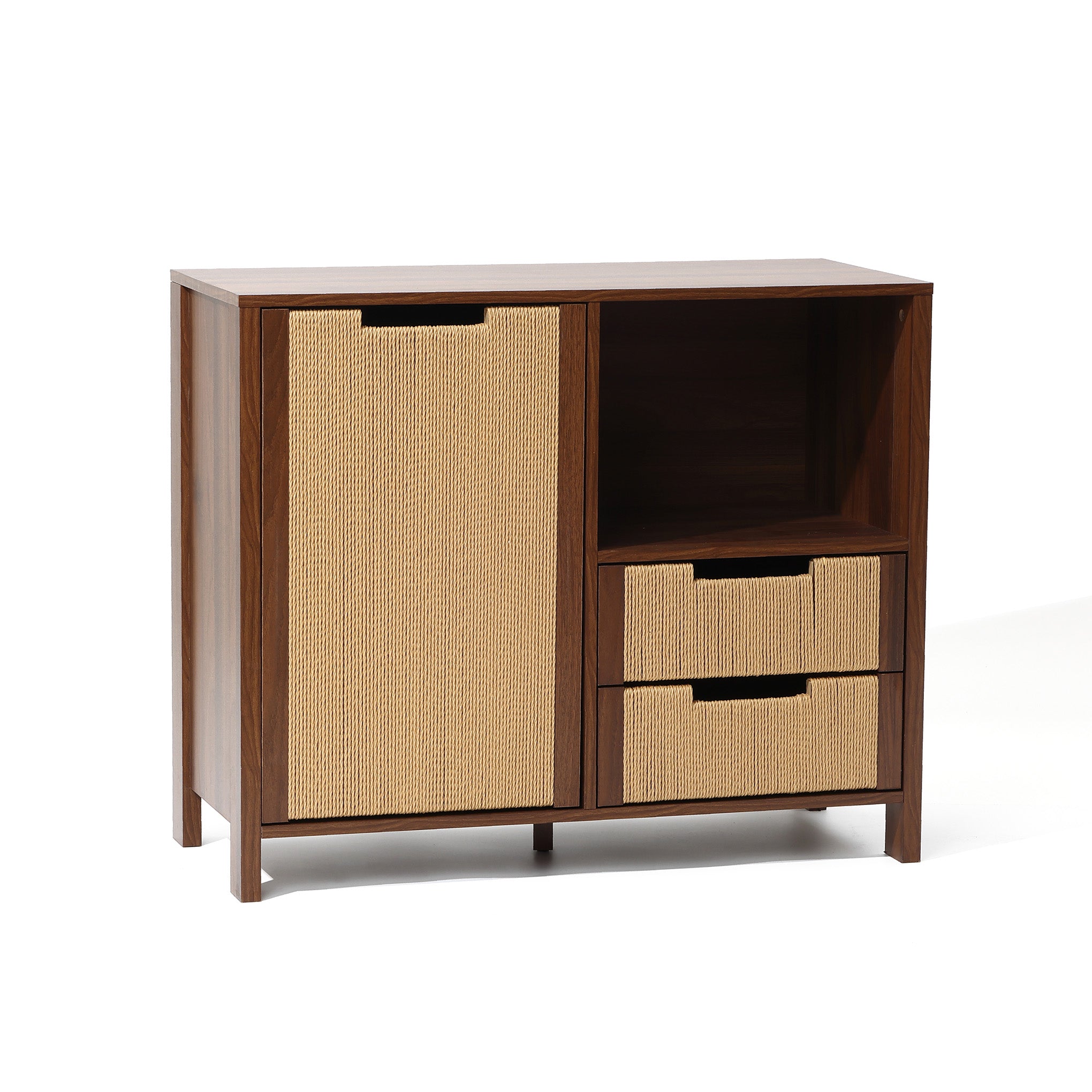 Corner cabinet features a tall door, two small drawers, and one open shelf. Showcase a woven beige finish.