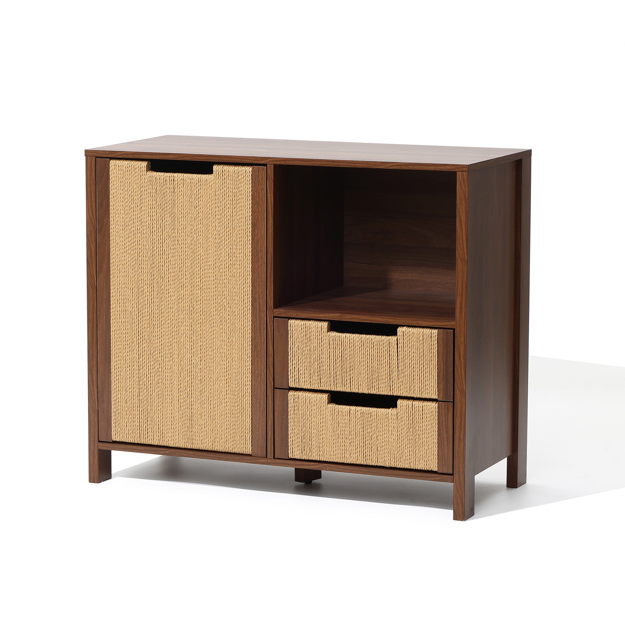 Wood cabinet features a large door on the left, two drawers on the bottom right, and an open shelf above.