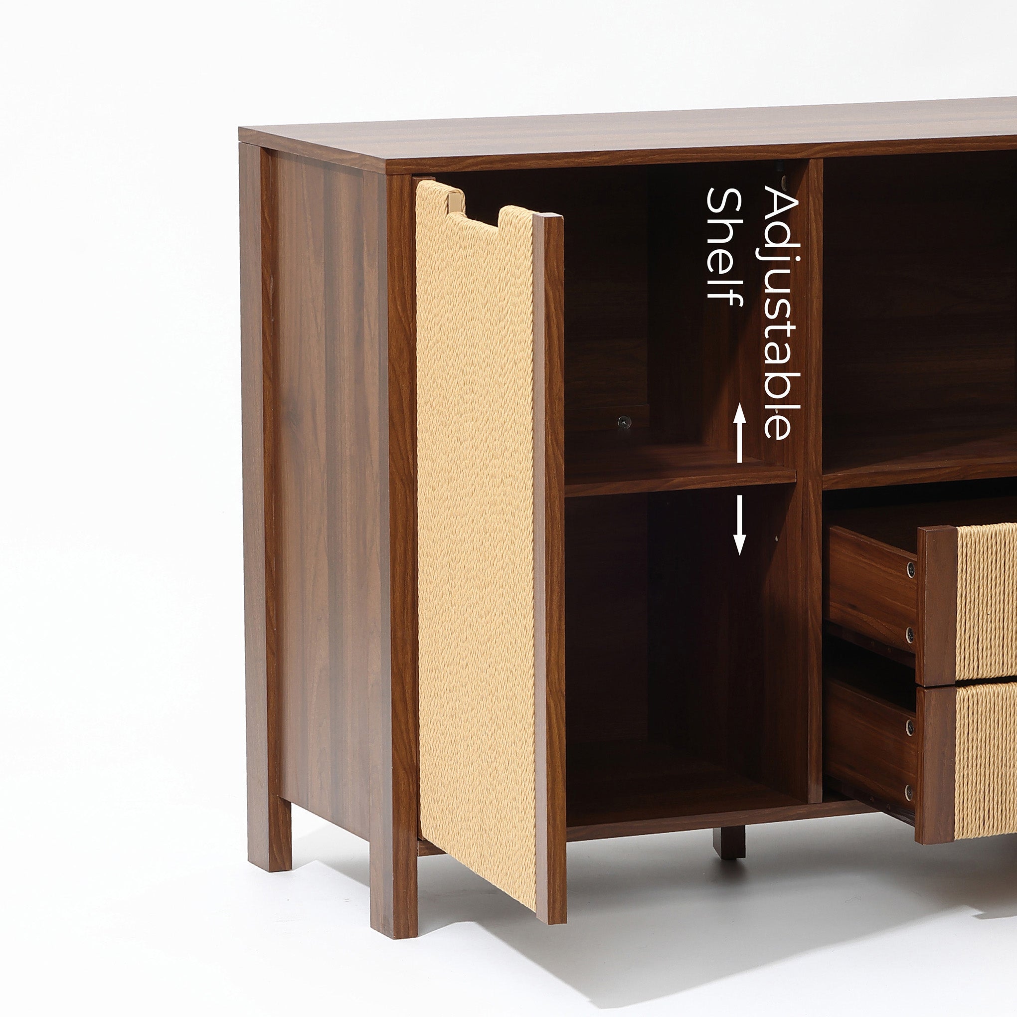 Accent cabinet an adjustable shelf inside. Text and arrows highlight the shelf’s adjustable position.