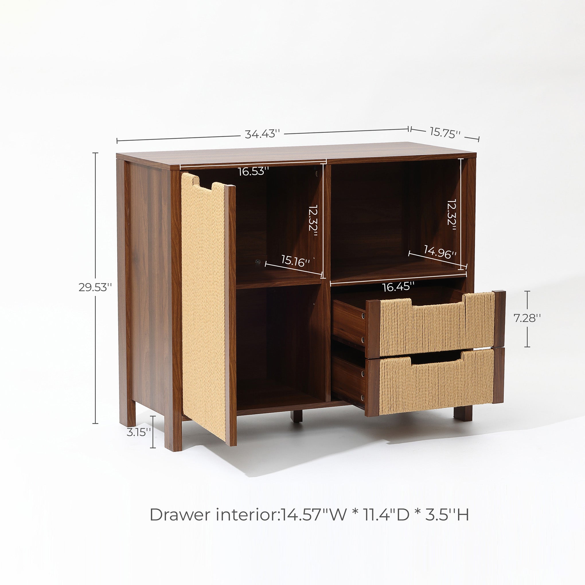 A wood storage cabinet with two open cubbies and two drawers is shown with labeled dimensions.