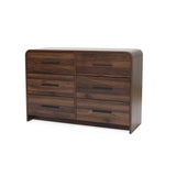 A six-drawer walnut dresser made of dark wood with rounded edges and horizontal handles.
