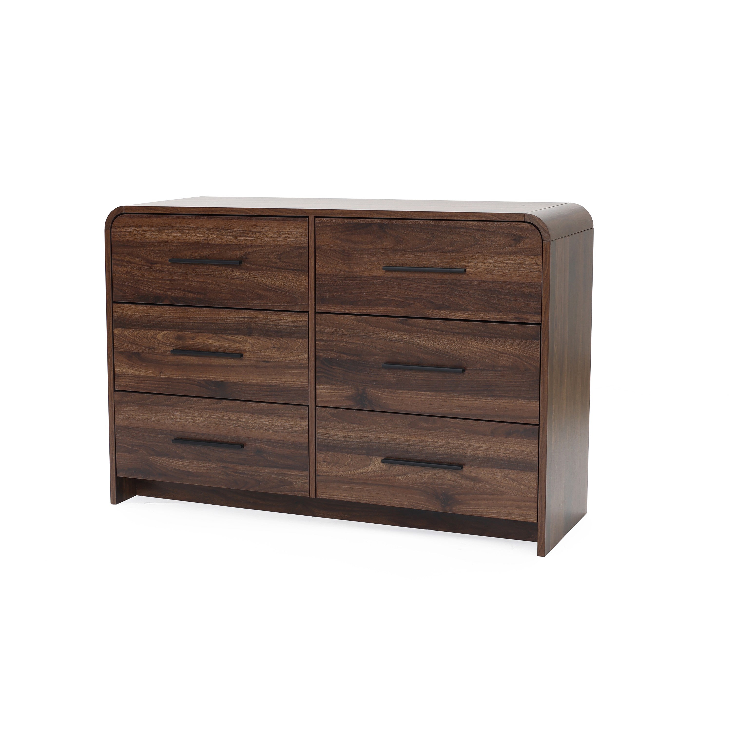 A six-drawer walnut dresser made of dark wood with rounded edges and horizontal handles.