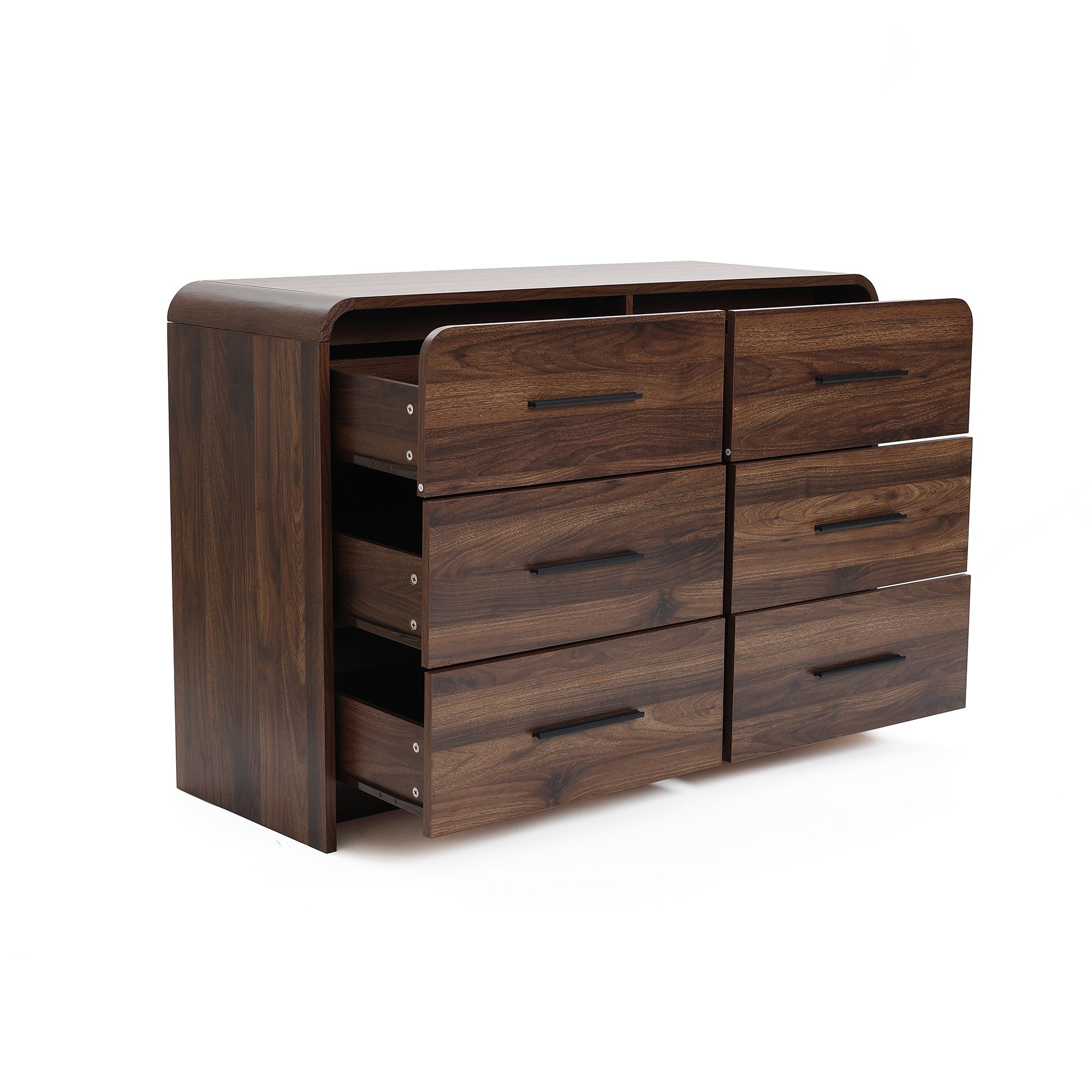 A dark walnut dresser with 6 drawers, is shown against a plain white background.