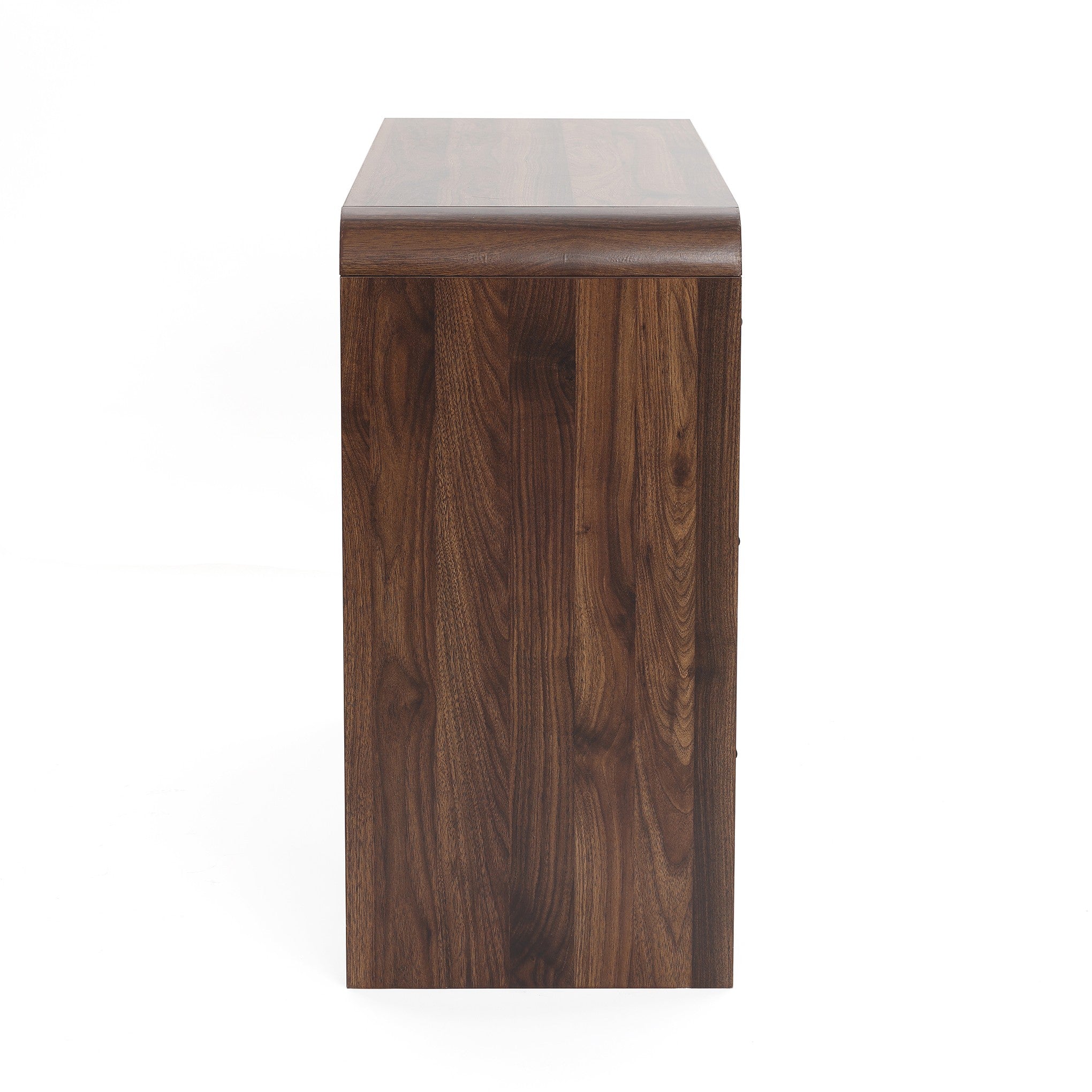 Side view of a rectangular walnut dresser with a smooth, dark wood grain finish.