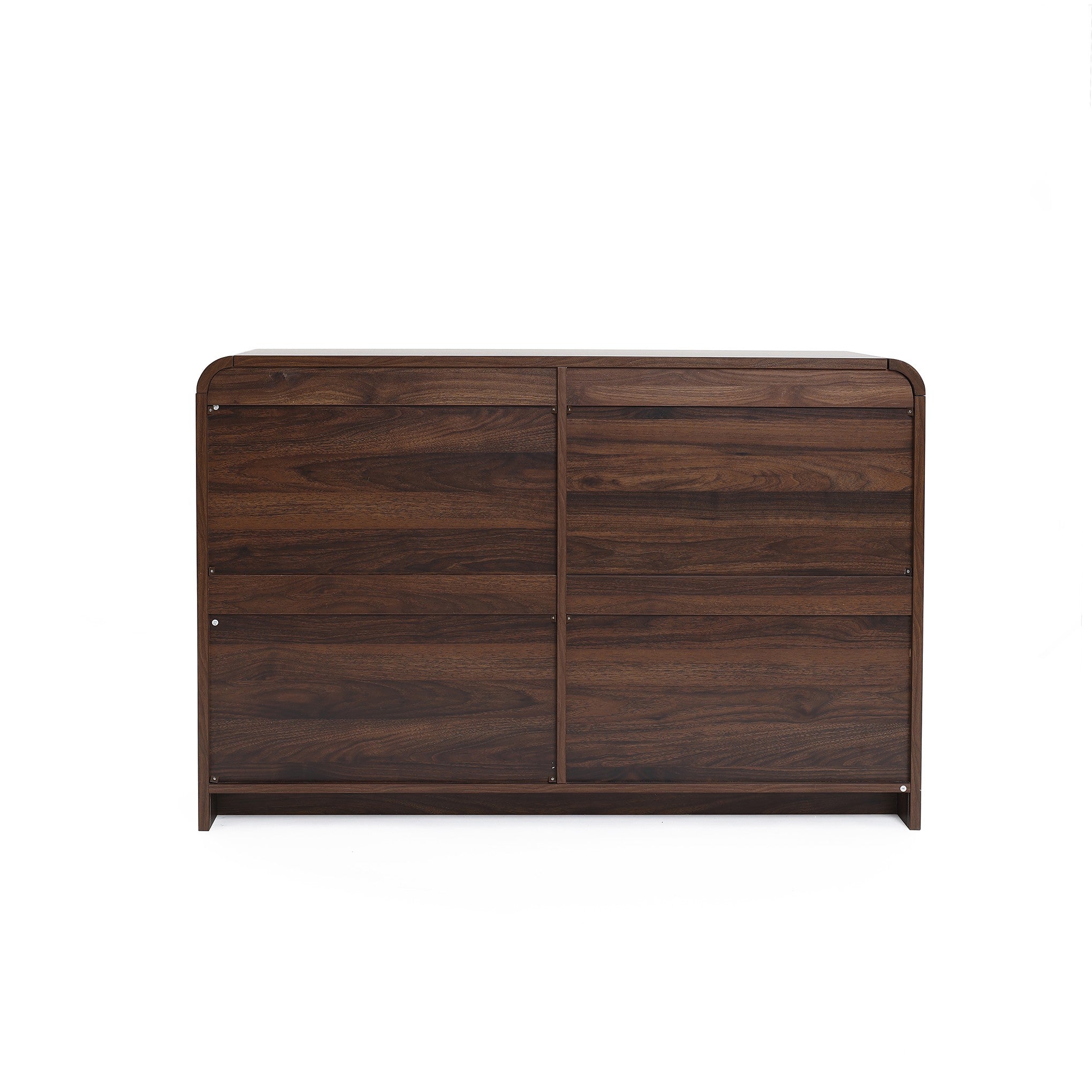 The back of a dark walnut ward robe dresser sideboard is shown against a pure white background.