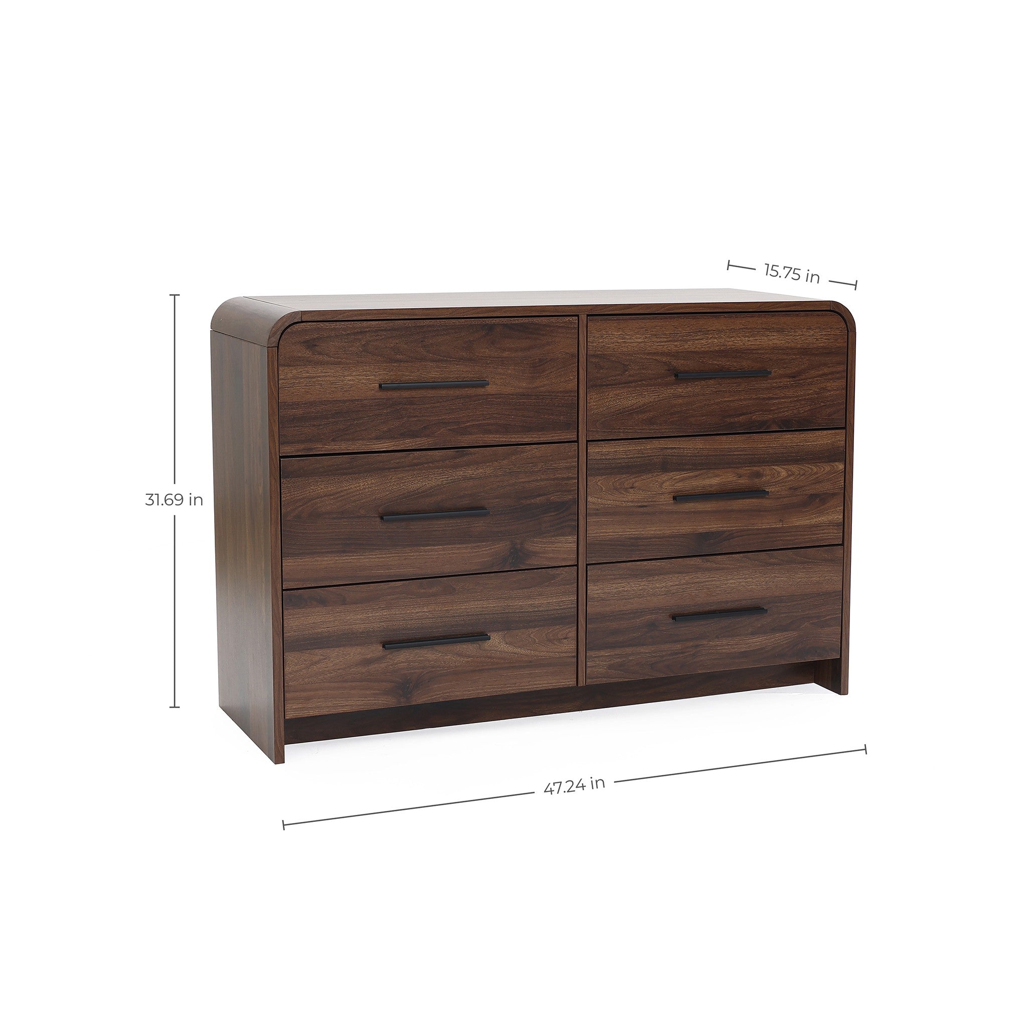 A walnut dresser with six drawers , this horizontal wood storage dresser measures 47.24 inches wide.