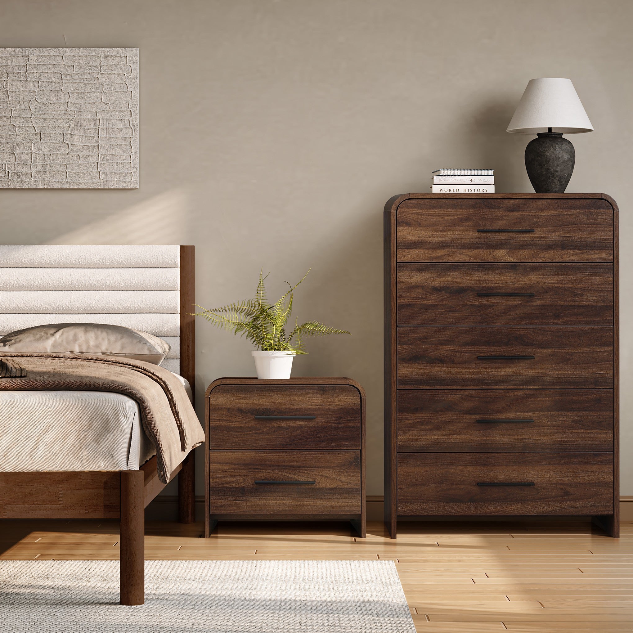 A neatly made bed sits beside a walnut nightstand with a potted plant , perfect for adding warmth.