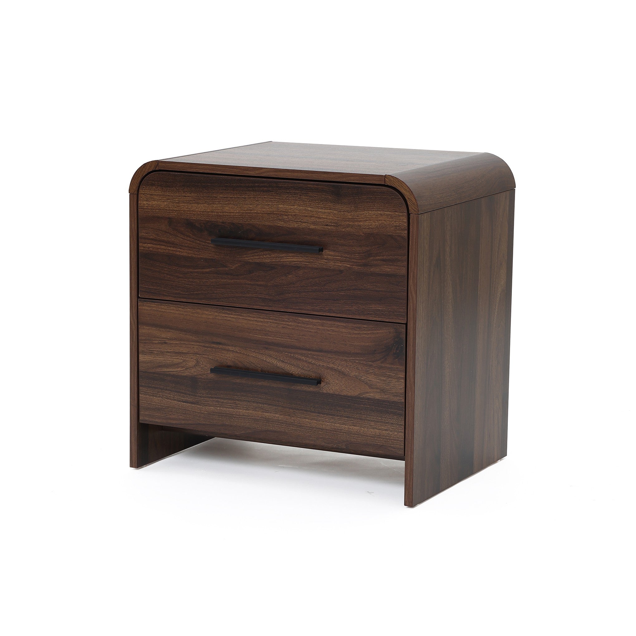 A walnut nightstand with two drawers and horizontal handles, featuring rounded top edges.