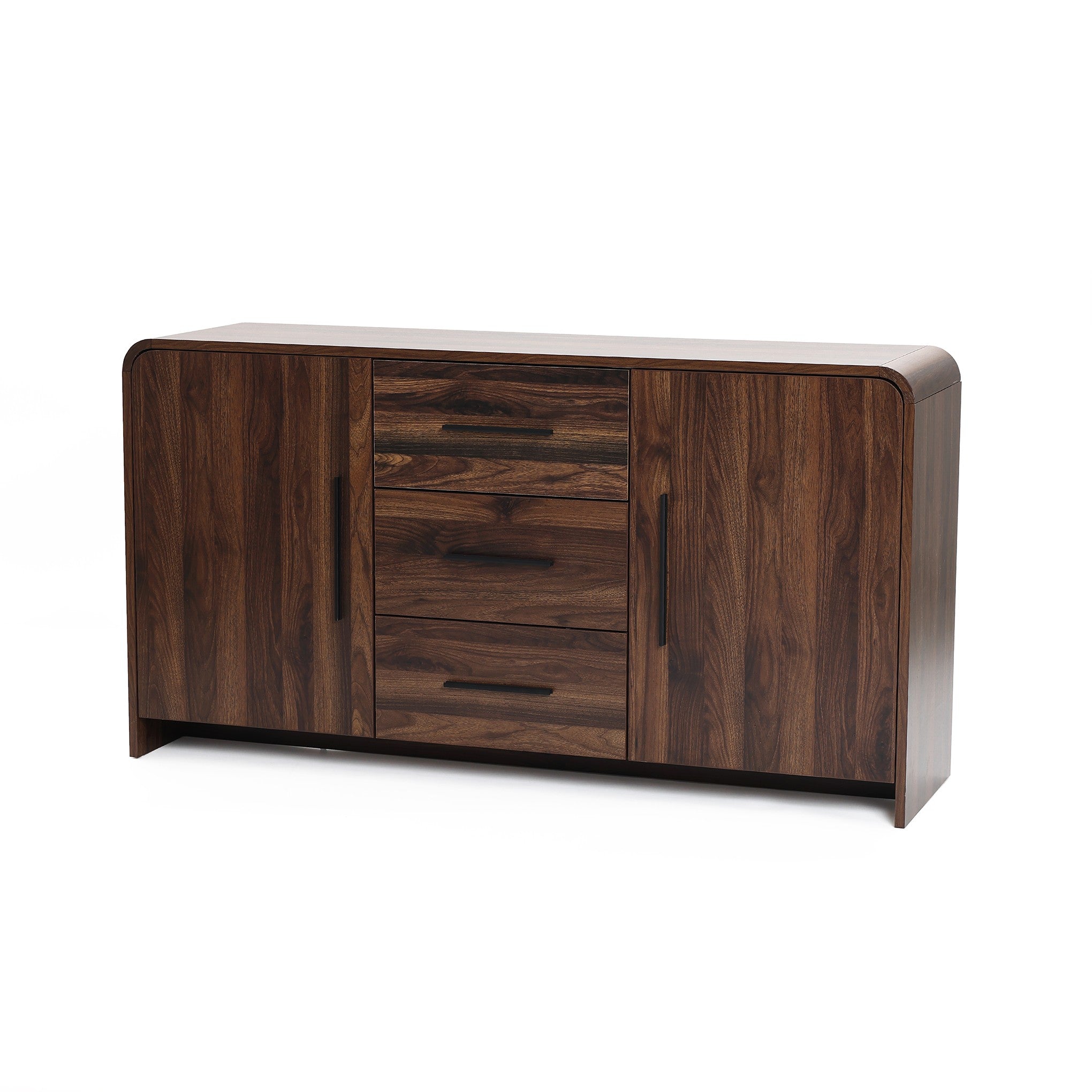 wood sideboard cabinet with 2 doors, 3 central drawers, featuring curved edges and simple black handles.