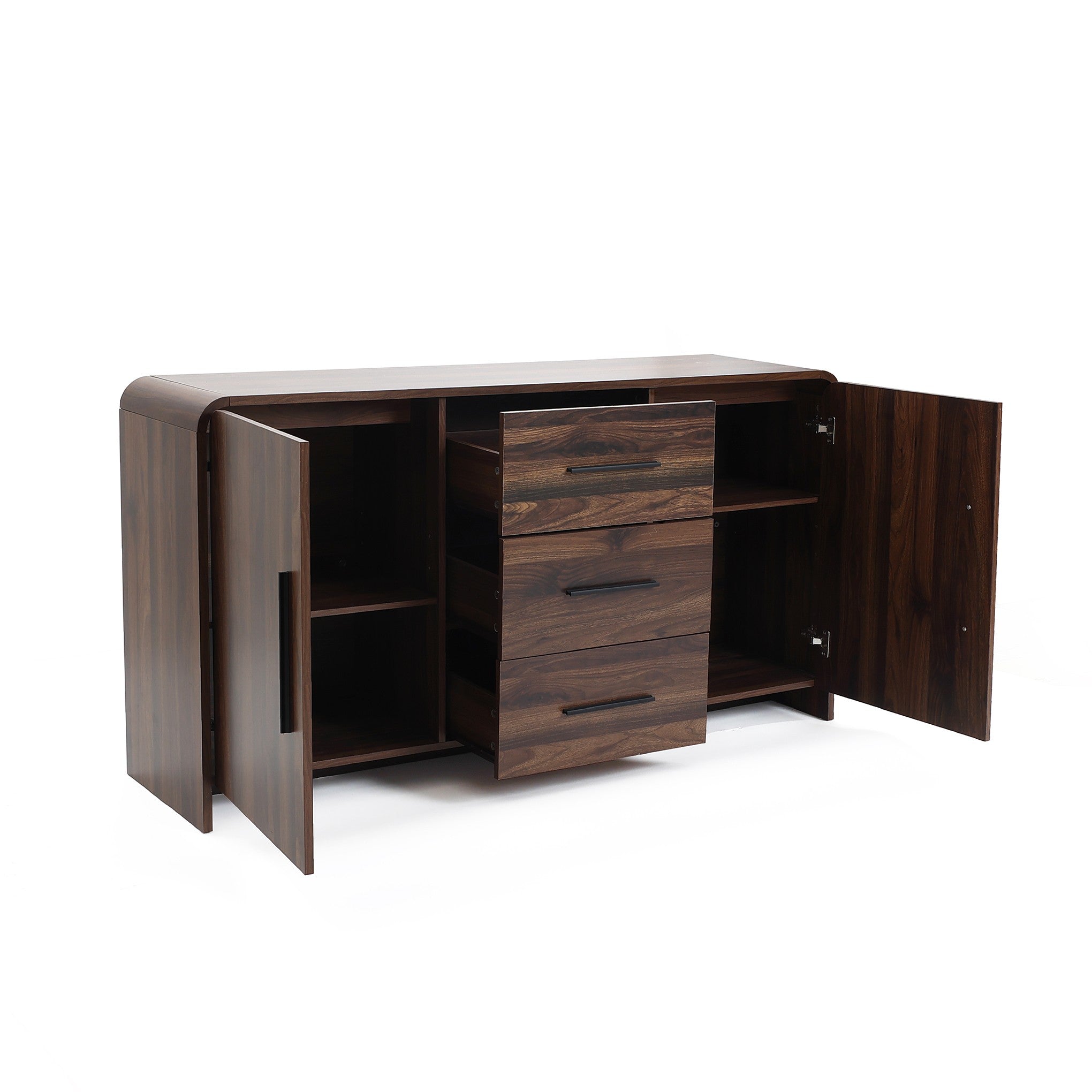 wood sideboard cabinet with 2 open doors on each side 3 center drawers, revealing interior shelves.