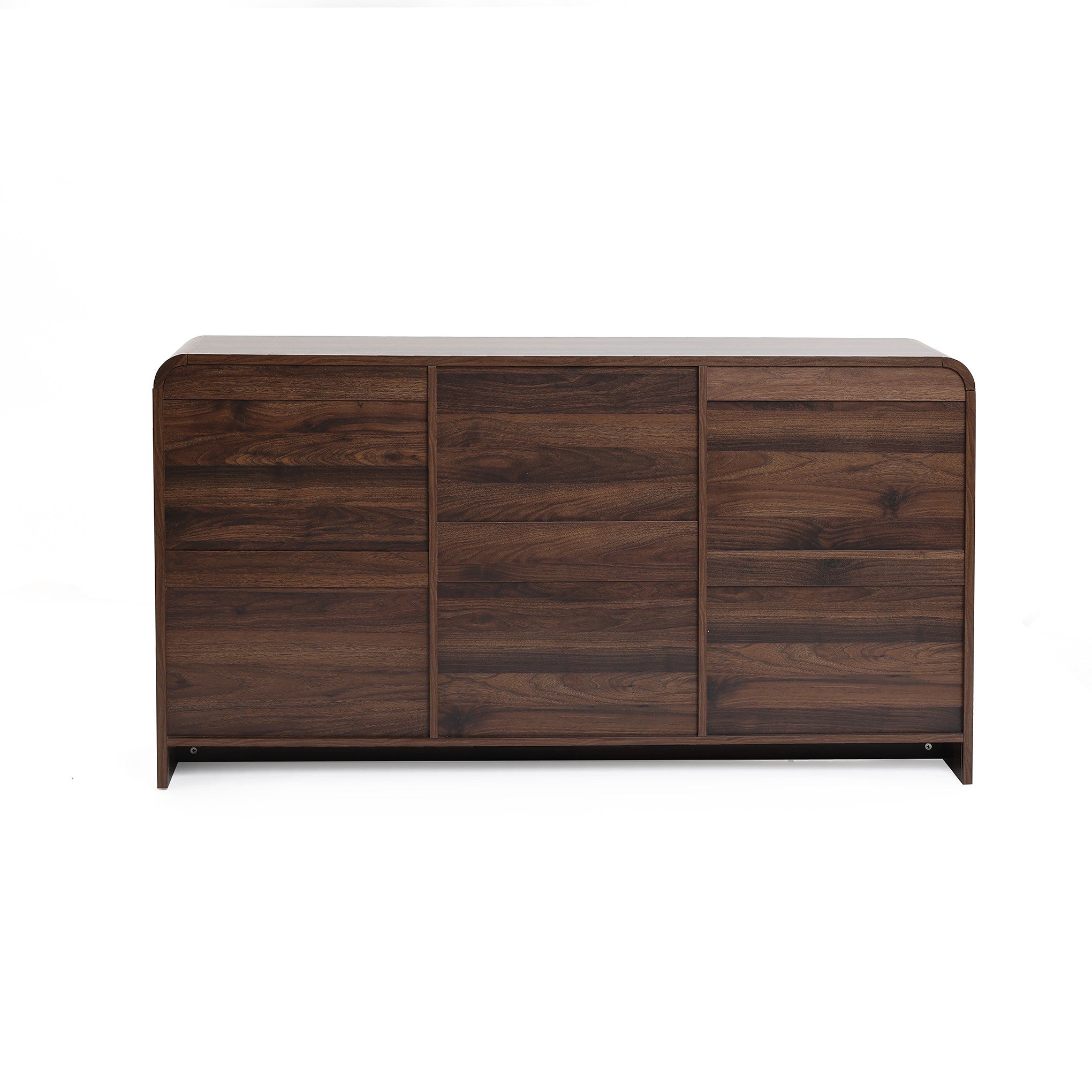 The display is made of dark walnut with 2 open doors, 3 drawers in the middle, shelves on the back.