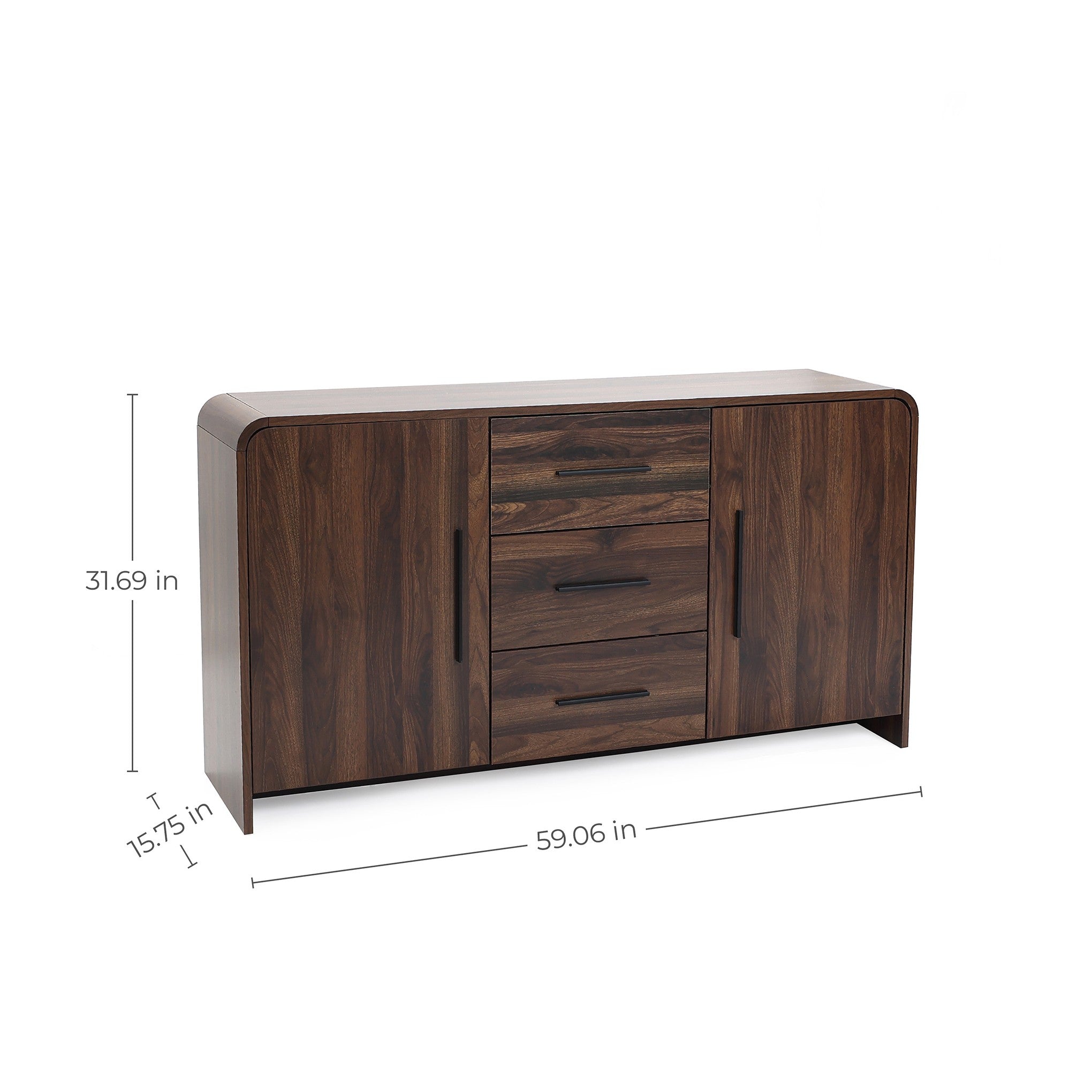 wooden sideboard cabinet with 3 central drawers ,2 side cabinets offers storage solution, dimensions are 59.06 in wide.