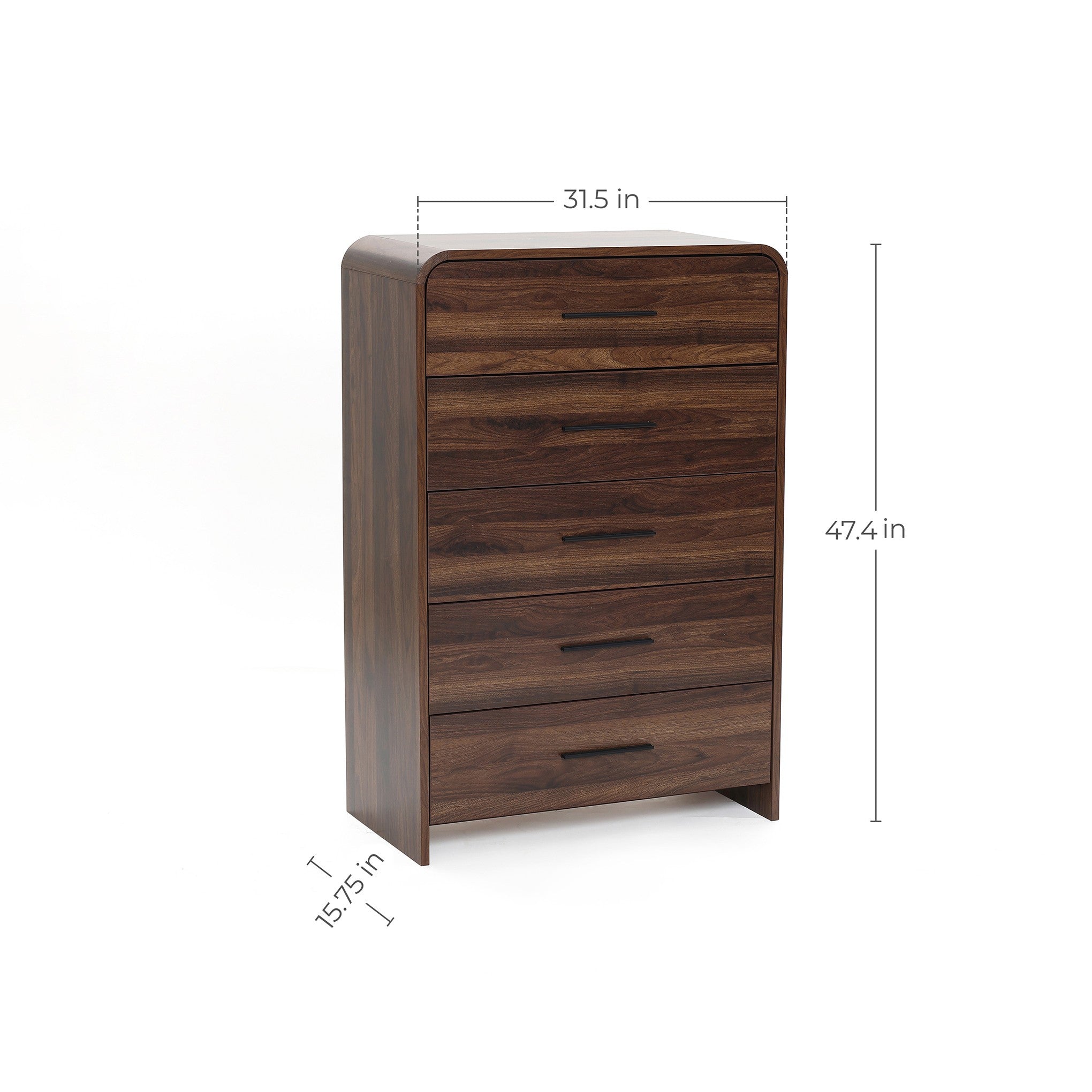 A wooden 5-drawer wood storage vertical chest , measuring 31.5 inches wide.