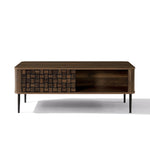 Rectangular wood coffee table with black metal legs, featuring a woven-patterned sliding door and open storage compartment.