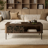 Modern living room with a beige sofa, mid-century modern wood coffee table