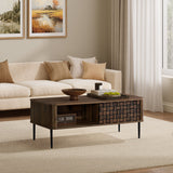 Modern living room with a mid-century modern wood coffee table with storage, and a light rug on a wooden floor.