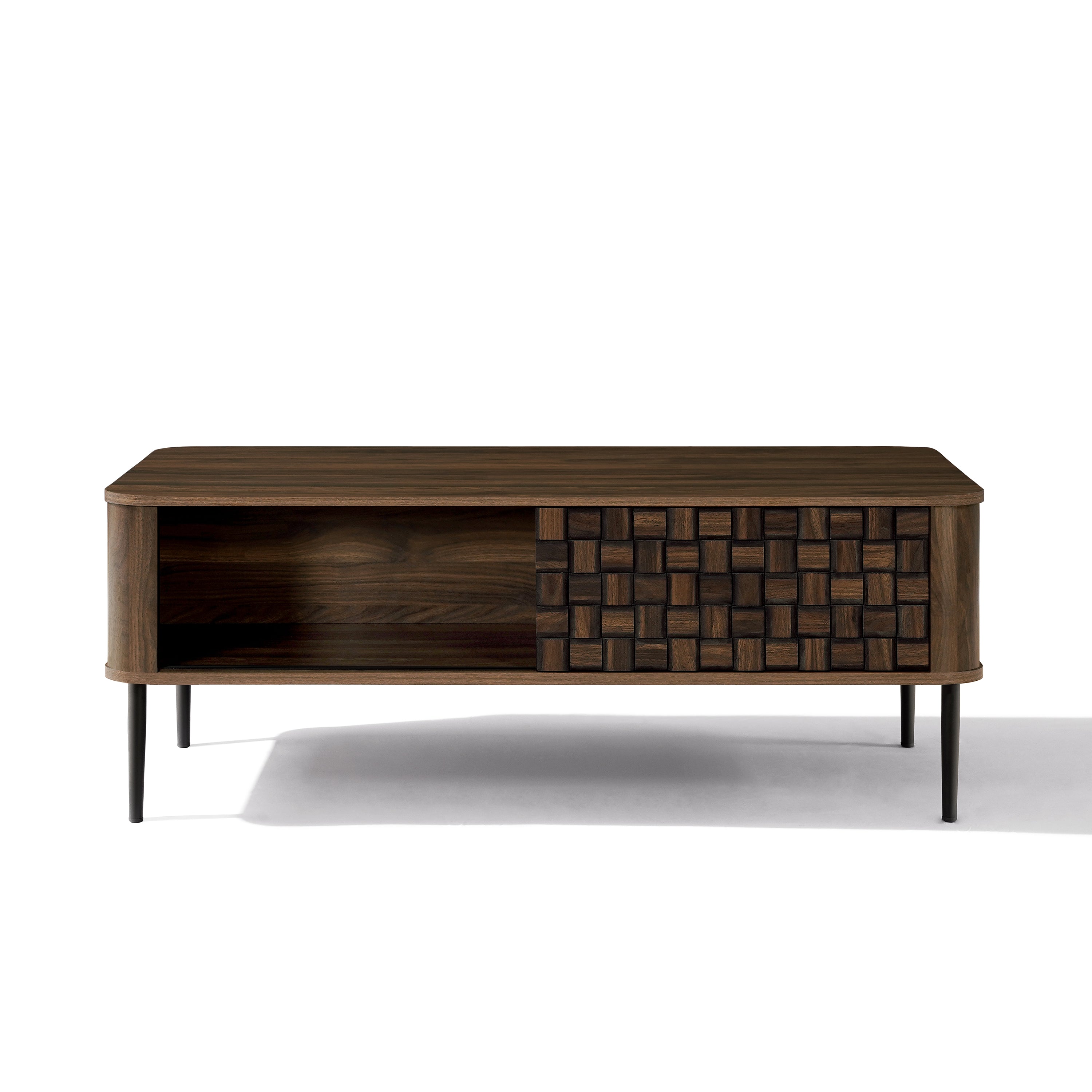 Mid-century modern wood coffee table an open storage shelf on the left, a textured patterned sliding door on the right.